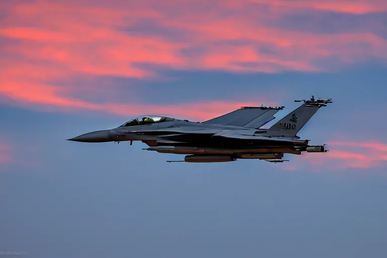 Prompt: photo of an f16 fighter jet in fligh, launching missles, sunset lighting, photography