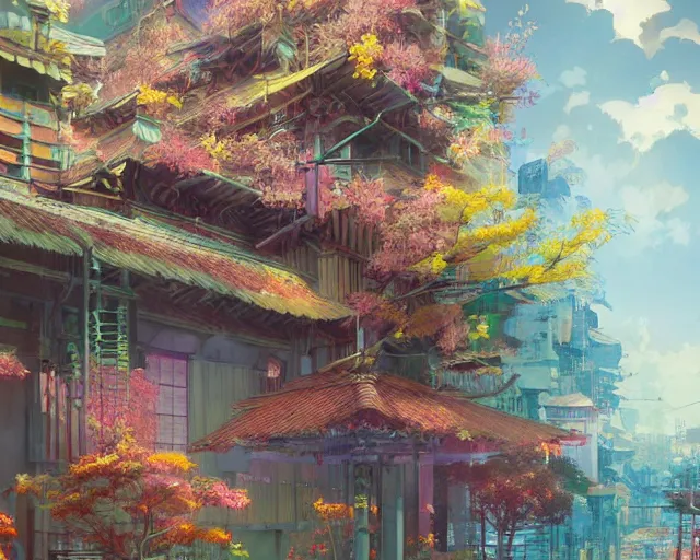 Image similar to great, colorful kitsune city, bamboo, flowers, anime, a fantasy digital painting by Greg Rutkowski and James Gurney, trending on Artstation, highly detailed