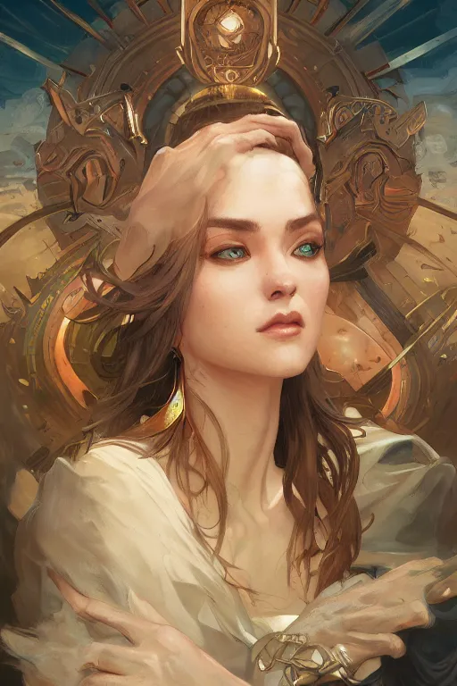 Image similar to portrait of the god of video games, D&D, fantasy, highly detailed, digital painting, artstation, concept art, smooth, sharp focus, illustration, art by artgerm and greg rutkowski and alphonse mucha