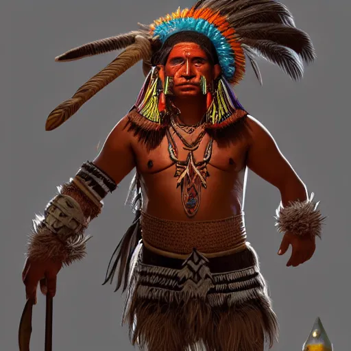 Prompt: full body concept art of a big aztec tribesman, fantasy character portrait, ultra realistic, concept art, intricate detailed, volumetric light, cinematic lighting, 8 k uhd artwork, featured on artstation
