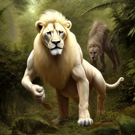 Image similar to commission portrait of a male anthro albino lion,wearing cargo pants and a boack t-shirt,going through a jungle cautiously.dramatic,character design by charles bowater,greg rutkowski,ross tran,hyperdetailed,hyperrealistic,4k,deviantart,artstation,professional photography,concept art