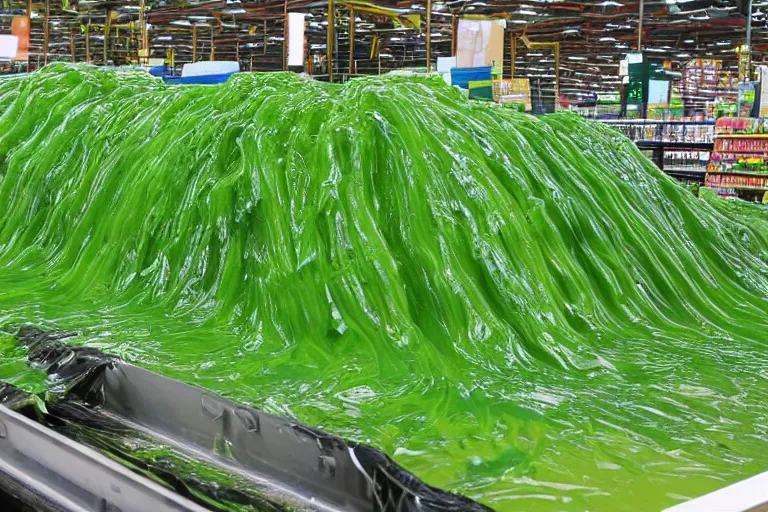 Image similar to rivers of green nickelodeon slime running down the aisles of walmart