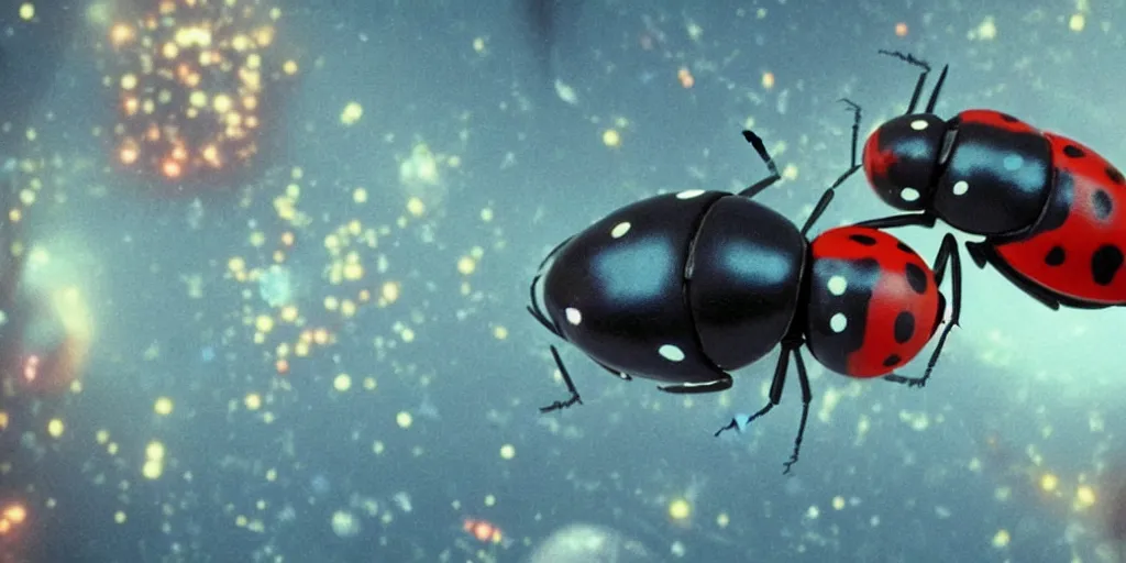 Image similar to a 3 d rendered movie still from a distance of 3 0 m of a ladybug 1 million years from now. the ladybug is sentient, wears tiny spacesuit, and conquered space exploration in a tiny space ship. science fiction blockbuster movie ladybugs rule the world, imax 7 0 mm. bladerunner.