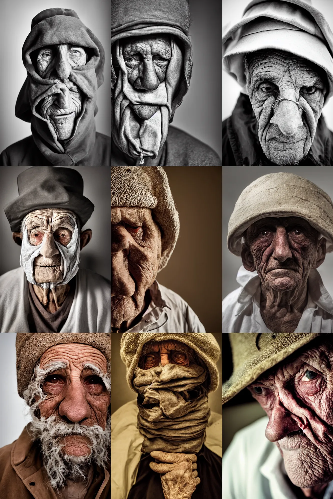 Prompt: high contrast studio close - up portrait of a wrinkled old man wearing a pulcinella mask, clear eyes looking into camera, baggy clothing and hat, backlit, dark mood, nikon, photo by steve mccurry, masterpiece