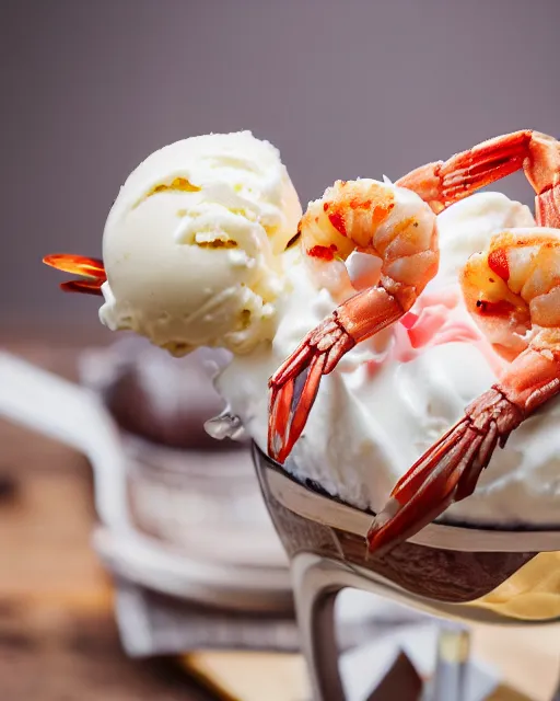 Image similar to dslr food photograph of an ice cream sundae with shrimps on. vanilla icecream, 8 5 mm f 1. 4