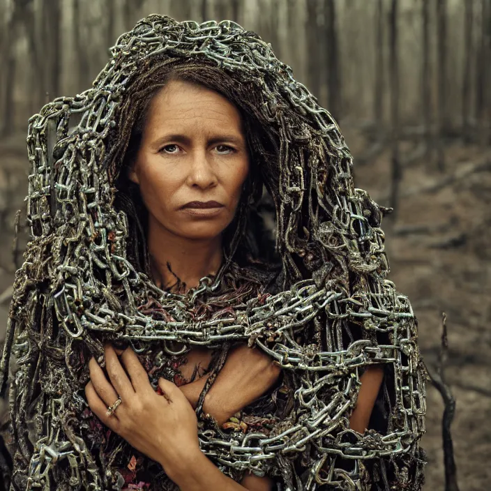 Image similar to closeup portrait of a woman wearing a cloak made of chains and flowers in a charred, burnt forest, by Annie Leibovitz and Steve McCurry, natural light, detailed face, CANON Eos C300, ƒ1.8, 35mm, 8K, medium-format print