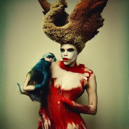 Image similar to damaged kodak portra 4 0 0, wetplate, photo of a surreal artsy dream scene,, very beautiful model, weird fashion, grotesque, extravagant dress, strange pose, carneval, with an animal, wtf, photographed by paolo roversi style