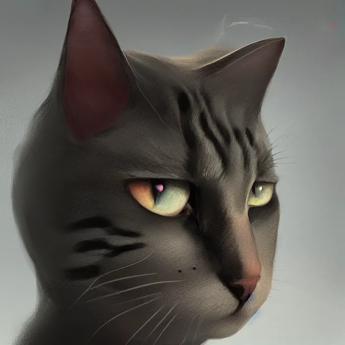 Image similar to profile face portrait of a cat shape like dog eating cakes in the cloisters, beautiful face, hyper realistic, highly detailed, digital painting, artstation, illustration, concept art by hyung tae and frank frazetta, digital paint, matte paint, washed colors, dark, gloomy