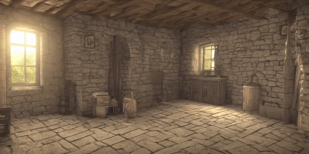 Prompt: medieval cottage interior, blender animation