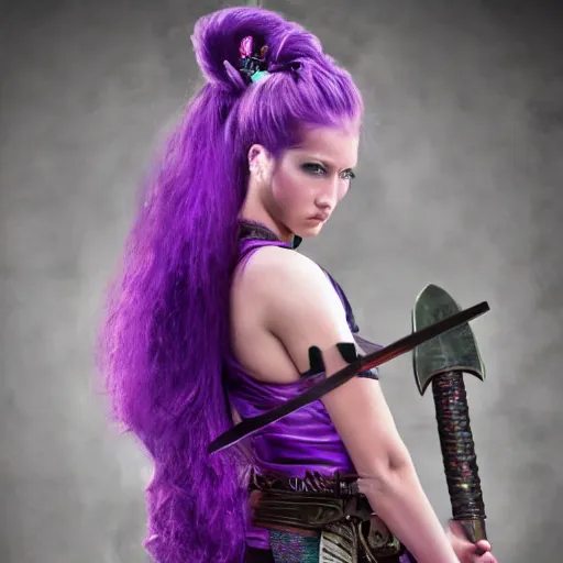 Prompt: beautiful female warrior with long purple hair and katana, diadem