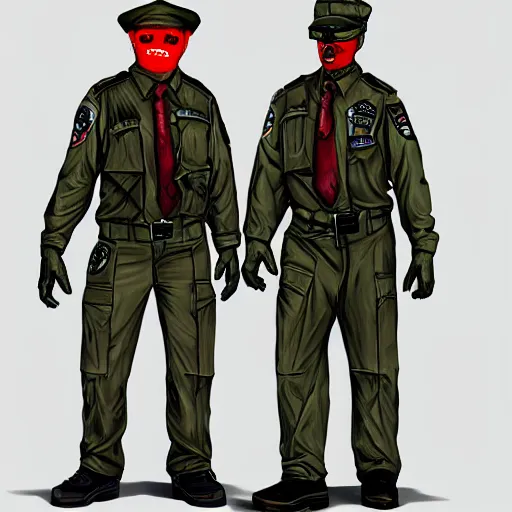 Image similar to ( ( beige ) ) uniform and caps zombie security officers ( glowing red skin ) trending on artstation very high detail