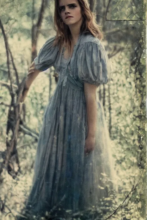 Image similar to color polaroid of Emma Watson by Andrei Tarkovsky, Richard Schmid, Jeremy Lipking full length shot, wearing in a summer dress, very detailed, stunning light