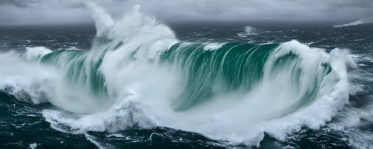 Prompt: 4 0 0 meter monster wave about to crash, green waters, storm, dramatic ligthting, atmospheric, mega tsunami