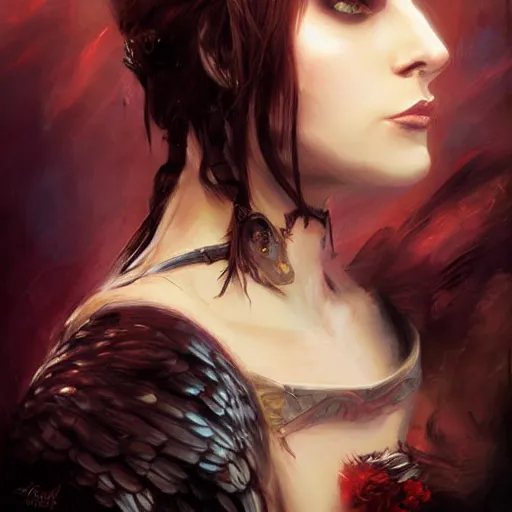 Image similar to raven winged female vampire, fantasy, portrait painted by Raymond Swanland