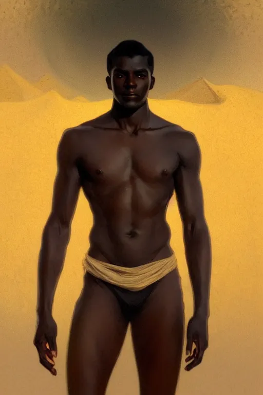 Prompt: full figure beautiful young fit dark skin man, luminous scene, by greg rutkowski and alphonse mucha, d & d character, gradient white to gold, in front of a dune desert background, highly detailed portrait, digital painting, artstation, concept art, smooth, sharp focus illustration, artstation hq