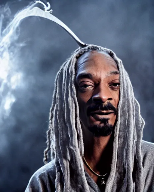 Image similar to Snoop Dogg in the role of Gandalf the Grey fight the Balrog, film still, amazing short, 8K, IMAX, ultra detailed, lord of the ring