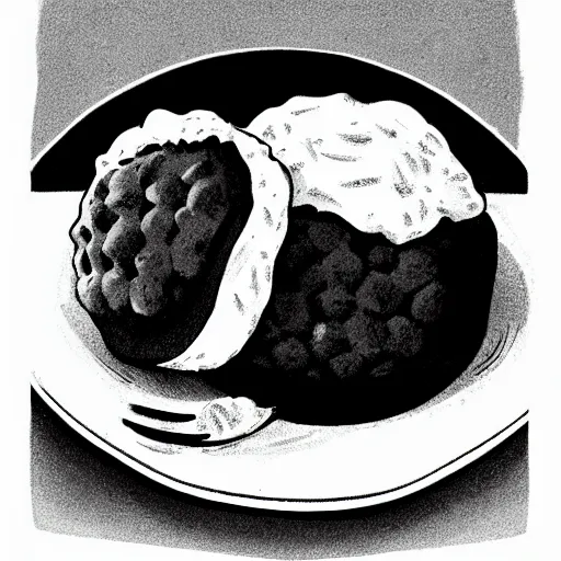 Image similar to black and white storybook illustration of a swedish meatball, storybook illustration, monochromatic, black and white