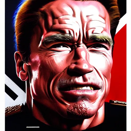 Image similar to uhd photorealistic portrait of arnold schwarzenegger in nazi uniform, by amano, ayami kojima, greg rutkowski, lisa frank, mark brooks, and karol bak, masterpiece, cinematic composition, dramatic pose, studio lighting, correct face, hyperdetailed, intricate details