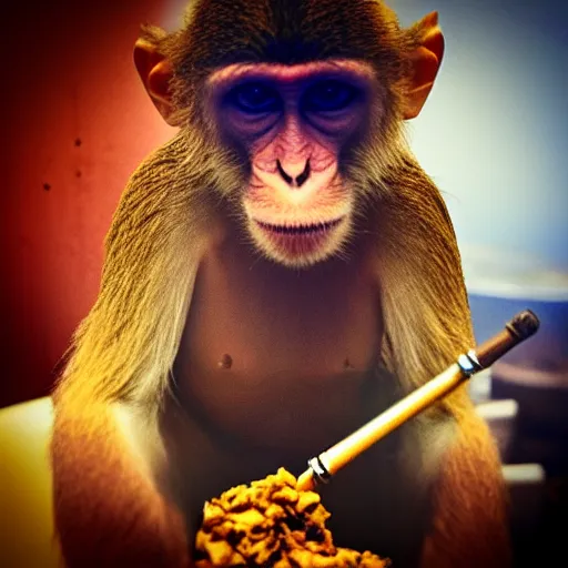 Image similar to Monkey happily smoking on a shisha pipe at a shisha bar, iPhone photo