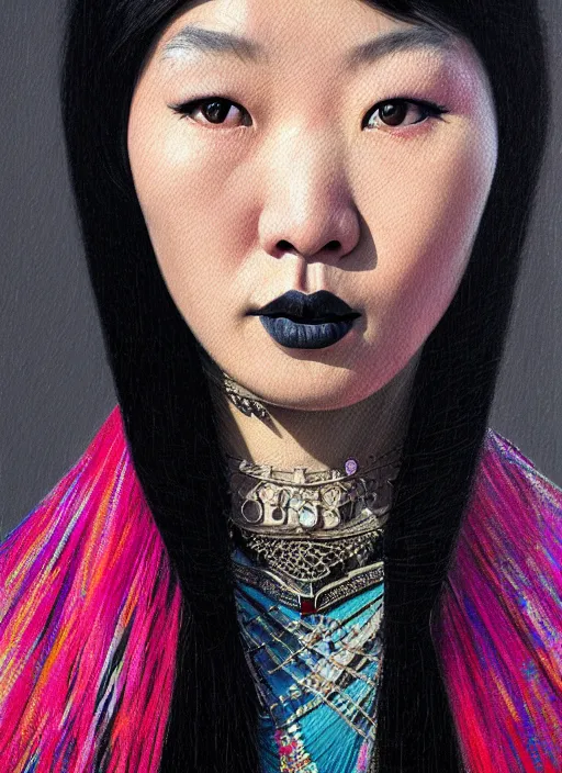 Image similar to portrait of a mongolian woman with a crooked nose and a confident expression, 1 9 6 0 s, black clothes, goth, punk, brightly coloured hair, funk, intricate, elegant, highly detailed, digital painting, artstation, concept art, smooth, sharp focus, illustration, art by wlop, mars ravelo and greg rutkowski