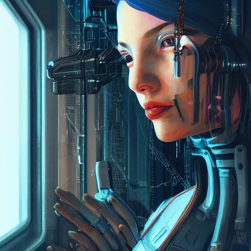 Image similar to portrait of cyberpunk woman looking out of a window, cyberpunk setting, futuristic, highly detailed, intricate lighting, digital painting, sharp focus, illustration, trending on artstation, art by magali villenueve.