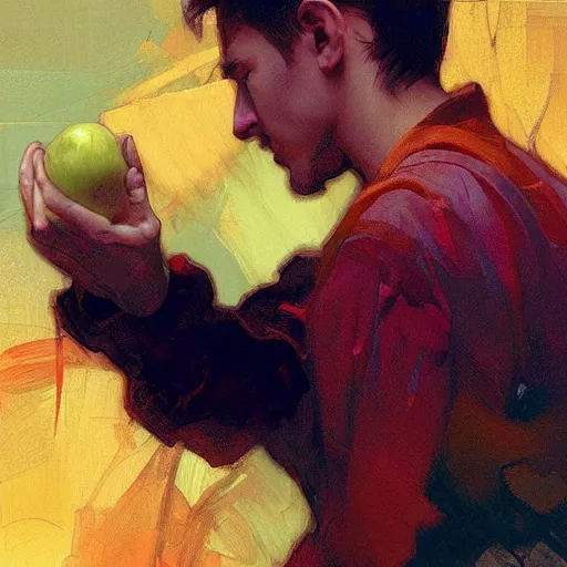 Image similar to the hand is reaching for the apple, painting by Craig Mullins, 4k, octane, digital painting, artstation, concept art, sharp focus, illustration, art by artgerm and greg rutkowski and alphonse mucha,