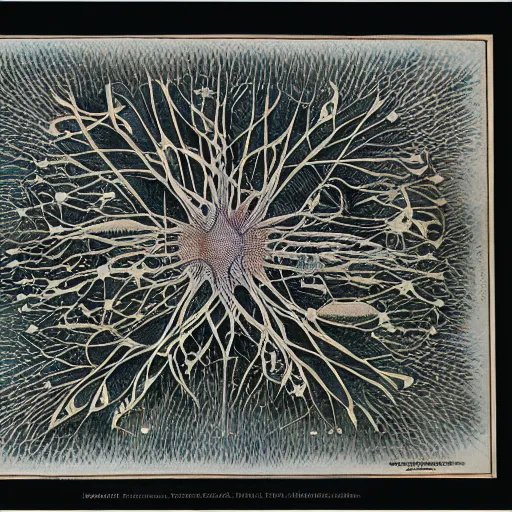 Prompt: diagram of interdimensional dendrite in non - eucledian space by ernst haeckel and geoff darrow, asymmetrical, black background, ink and watercolor