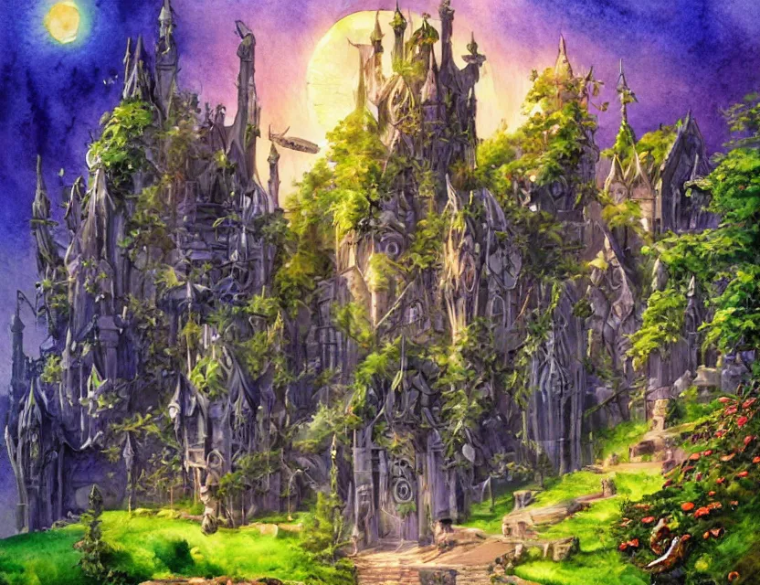 Image similar to futuristic scifi elven castle in springtime. this watercolor painting by the beloved children's book author has interesting color contrasts, plenty of details and impeccable lighting.