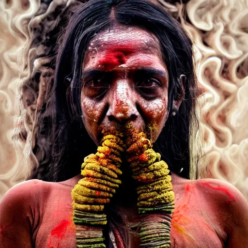 Prompt: realistic exposed expired fuji film portrait of aghori india woman covered in ash, tentacled creature mix, marigold celestial vibe, hyperrealism, hypermaxiymalism, photorealistic, detailed, atmospheric, 8 k, award winning photography, cinematic