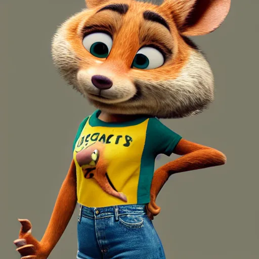 Image similar to 3 d render, portrait, headshot, closeup, anthropomorphic mouse, female, wearing denim short shorts and a off yellow tank top shirt, in the style of zootopia