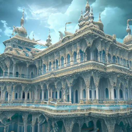 Image similar to palace in the sky, 4 k, intricate detailed, jaw dropping, gorgeous, surreal, octane render