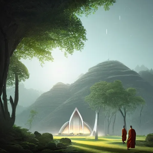 Image similar to futuristic temple between hills with big trees, monks walking, shooting stars, dramatic lighting, artstation, matte painting, raphael lacoste, simon stalenhag, frank lloyd wright, zaha hadid