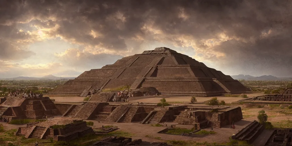 Prompt: teotihuacan cityscape by andreas achenbach, artgerm, mikko lagerstedt, zack snyder, tokujin yoshioka