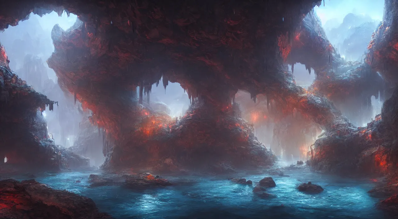 Image similar to A highly detailed 4K fantasy matte painting of city inside cave built around a long river. ArtStation, CGSociety, Unreal Engine, concept art, red and blue color scheme.