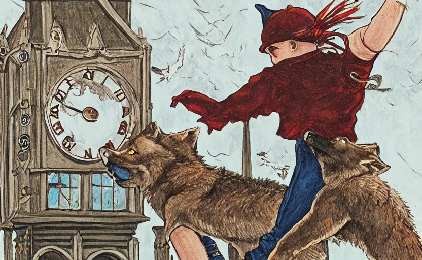 Image similar to a boy fighting a wolf on the edge of a clocktower, by taylor barron, gouache, print