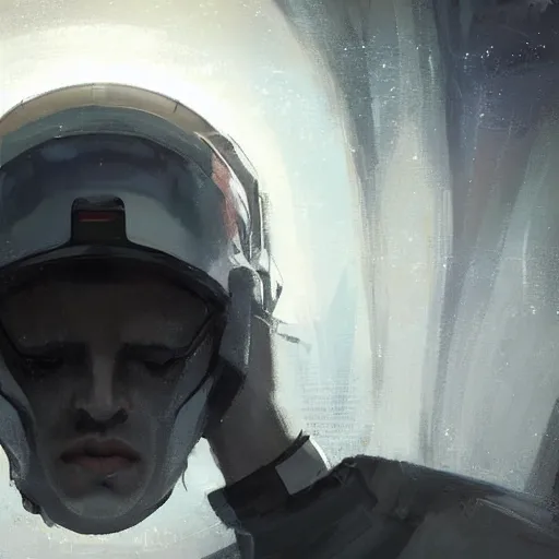 Image similar to portrait of a shocked man by greg rutkowski, he is about 3 0 years old, short black hair with bangs, scared and incredulous, very tall and slender, he is wearing futuristic space gear, highly detailed portrait, digital painting, artstation, concept art, smooth, sharp foccus ilustration, artstation hq