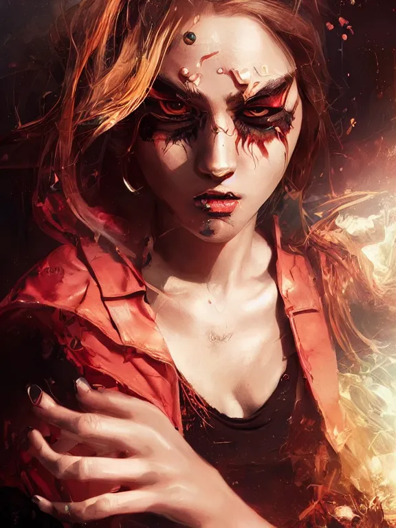 Image similar to digital illustration of a girl with eyes that burn like cigarettes wearing a short skirt and a long jacket with fingernails that shine like justice, dramatic lighting, photorealistic, full body shot, full body portrait, extreme detail, 4 k, colorful, artgerm and craig mullins, detailed face