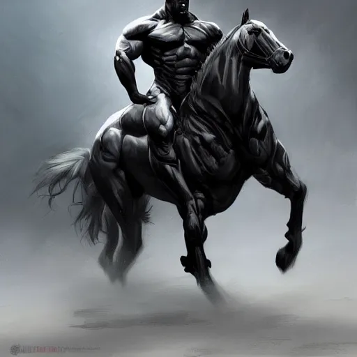 Image similar to a musclebound black - coated male anthro horse in a tactical bodysuit, exaggeratedly large physique, highly detailed, digital painting, artstation, sharp focus, smooth, concept art, illustration, art by artgerm, greg rutkowski, wlop