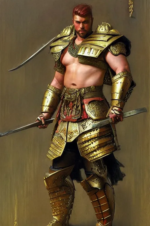 Image similar to attractive beefy male with armor, tang dynasty, character design, colorful, painting by gaston bussiere, craig mullins, j. c. leyendecker, tom of finland