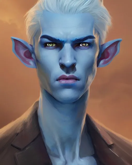 Image similar to character portrait of a slender young half elven man with white hair and eyebrows, piercing bright blue eyes, and pale bluish skin, by greg rutkowski, mark brookes, jim burns, tom bagshaw, trending on artstation