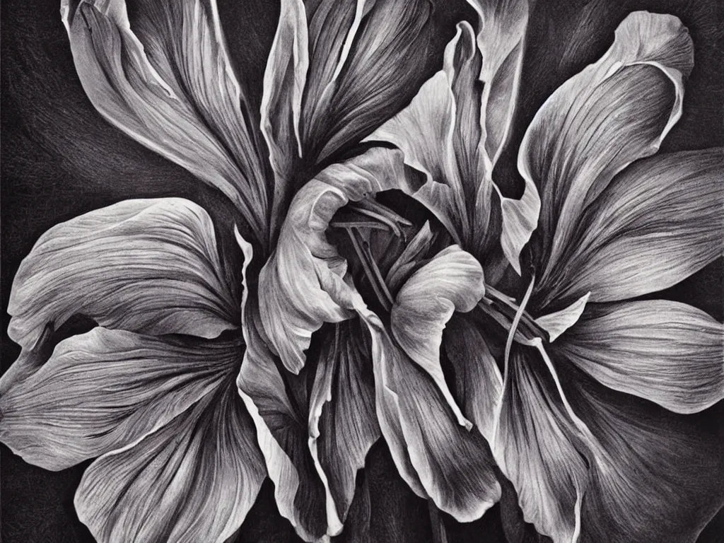 Image similar to Iris flower. Painting by Alex Grey, Karl Blossfeldt