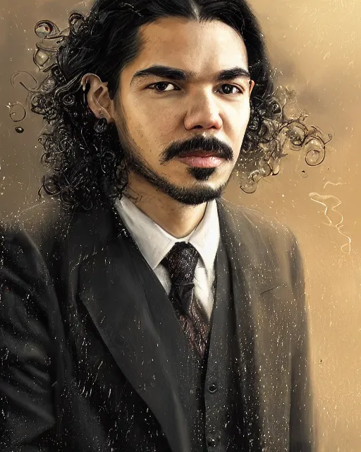 Prompt: a highly detailed portrait of carlos valdes radiating a powerful energy aura, ornate black tuxedo, no mustache, no beard, long hair, wispy tendrils of smoke, intricate, digital painting, old english, raining, sepia, particles floating, whimsical background by marc simonetti, artwork by liam wong