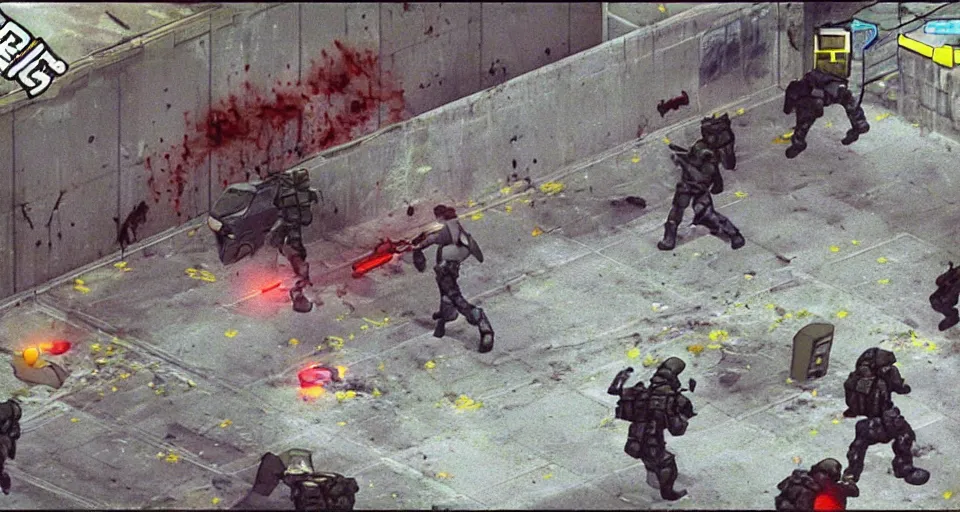 Prompt: 1998 Video Game Screenshot of Neo-tokyo Cyborg bank robbers vs police, Set inside of Parking Garage, Dark, Multiplayer set-piece Ambush, Tactical Squads :10, Police officers under heavy fire, Suppressive fire, Pinned down, Destructible Environments, Gunshots, Headshot, Bullet Holes and Anime Blood Splatter, :10 Gas Grenades, Riot Shields, MP5, AK45, MP7, P90, Chaos, Anime Machine Gun Fire, Gunplay, Shootout, :14 FLCL + Jet Grind Radio, Cel-Shaded:17, Created by Katsuhiro Otomo + Hideo Kojima + Arc System Works: 20