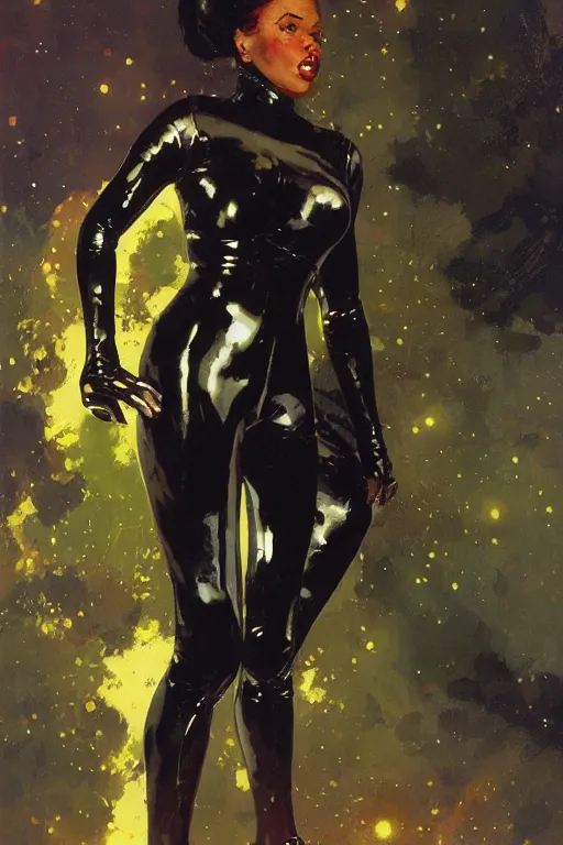 Image similar to pulp scifi fantasy illustration full body portrait of elegant black woman wearing latex spacesuit, by norman rockwell, jack kirby, bergey, craig mullins, ruan jia, jeremy mann, tom lovell, 5 0 s, astounding stories, fantasy