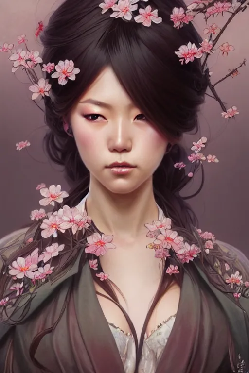 Image similar to Portrait of japanese gyaru, D&D, dark fantasy, sakura blooming on background, intricate, elegant, highly detailed, digital painting, artstation, concept art, smooth, sharp focus, illustration, art by artgerm and greg rutkowski and alphonse mucha