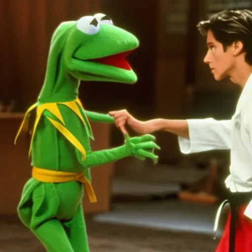 Image similar to kermit the frog fighting daniel in the karate kid, cinematic, high resolution, movie still, dramatic,