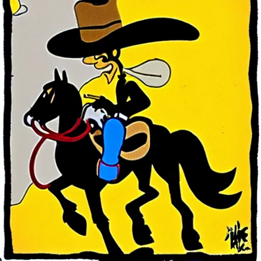 Image similar to lucky luke smoke a cigarette on a horse in a western country