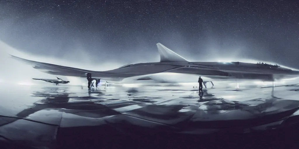 Image similar to burning concorde airplane in the background, fisheye slow motion with trail effect of futuristic beautiful female break dancer wearing long dark cloak, long exposure shot , enigmatic, at night in the middle of the arctic, paddle of water, steam, fog, water splashes, rim lights, glossy reflections, water on lens, octane render, Volumetric dynamic lighting, stunning cover magazine, high details,