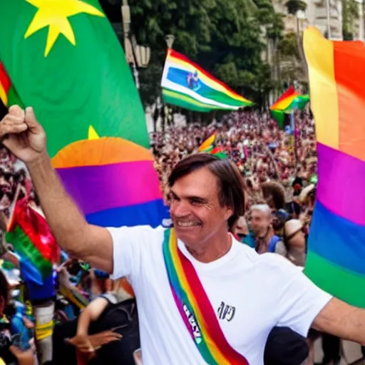 Prompt: photograph of president jair bolsonaro waving a rainbow flag at a pride parade