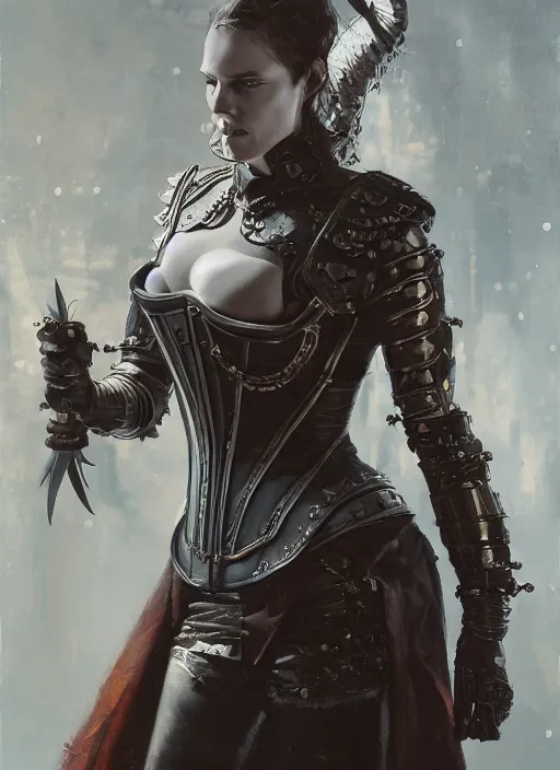 Prompt: portrait of medieval swedish woman wearing dragon power armor with steel overbust corset. intricate painting by ross tran, magali villeneuve, and jeremy mann.